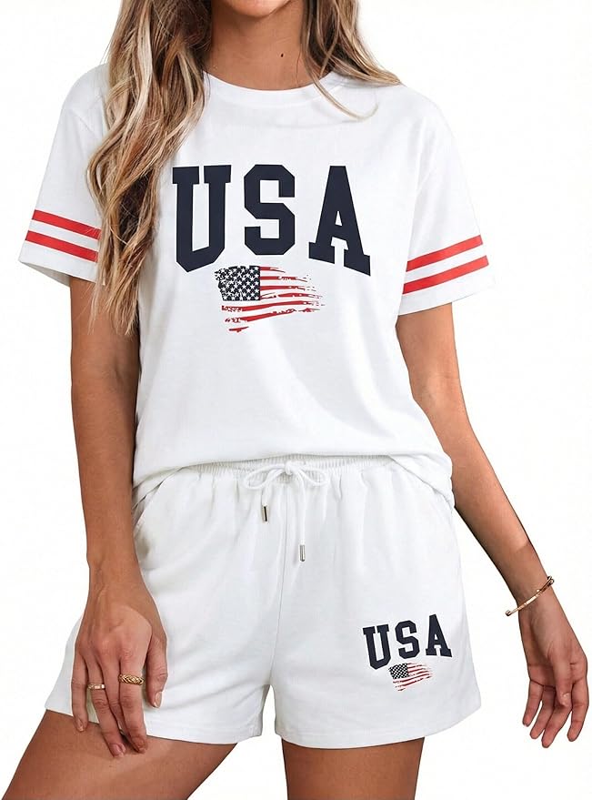 VILOVE 4th of July 2 Piece Sequin Outfits Women 250 Anniversary Usa Shirts and Short Sets Casual Patriotic Shirt Summer Set