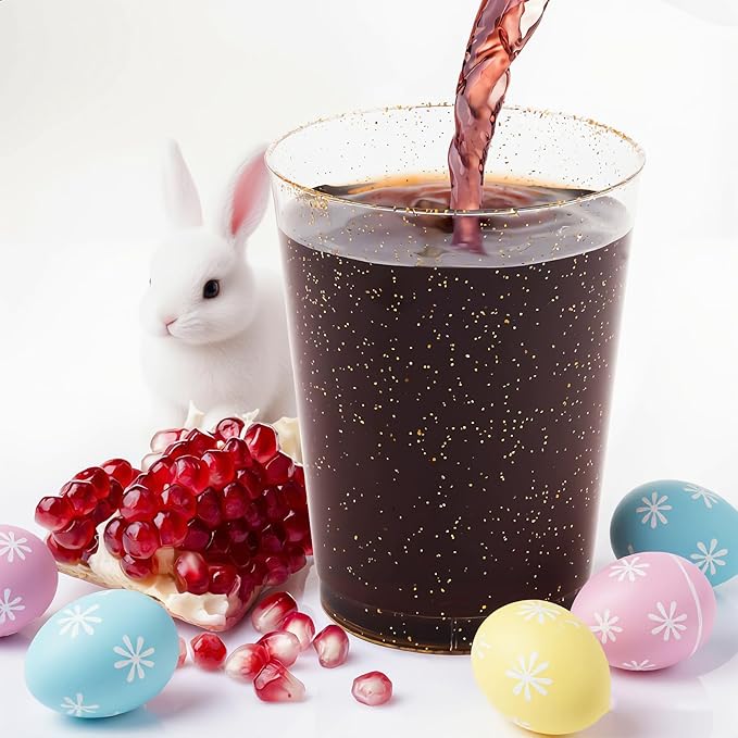 JOLLY CHEF 100 Pack 10 oz Gold Plastic Cups, Disposable Gold Glitter Cups, Clear Plastic Tumblers Perfect for Weddings, Christmas & Parties