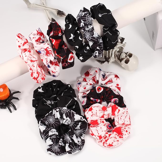 12PCS Halloween Blood Hair Scrunchies Spooky Horror Eyeball Skull Skeleton Moon Star Ghost Hair Ties for Women Girls Ladies Party Gifts