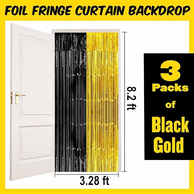 3 Pack Black and Gold Foil Fringe Curtains Backdrop, 3.28 x 8.2 Ft Metallic Streamers Tinsel Curtains Background for Photo Booth, Birthday, Halloween, Christmas, New Year Party Decorations