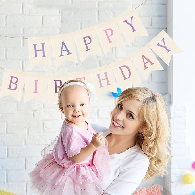 Doumeny Happy Birthday Burlap Banner Boho Birthday Garland Bunting Purple Pink Bohemian Party Hanging Banner White Happy Birthday Sign Flag Colorful Birthdays Bunting Garland for Home Mantel Fireplace