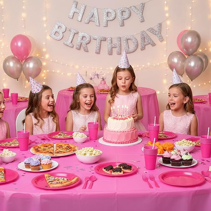 Cerise Plastic Plates Set-100 Guest 9" Dinner Plates & 7" Dessert Plates,12 oz Cups,Napkins,Forks,Hot Pink Disposable Plastic Tableware for Girls Women,Summer Party,Birthday