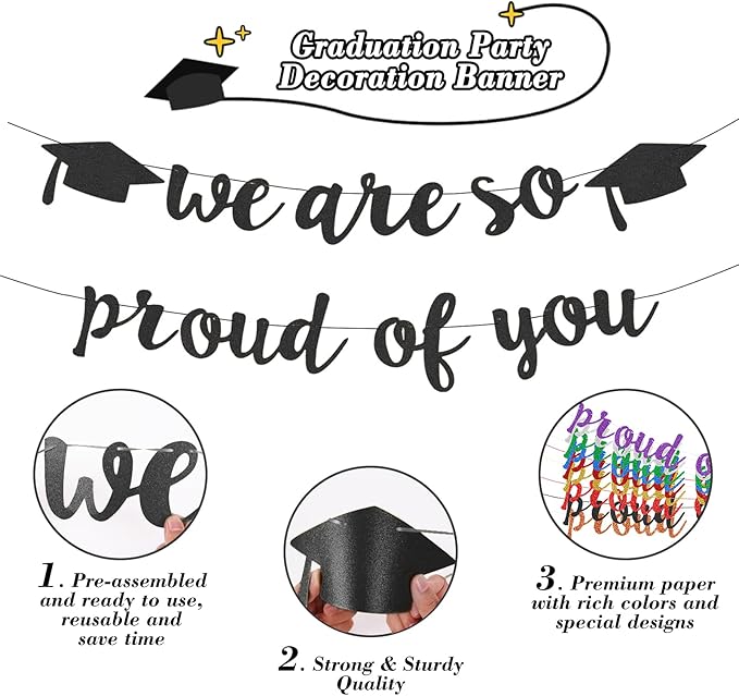 2026 Graduation Decorations Pre-Strung Blingbling We Are So Proud of You Banner Glitter Graduation Garland for Class of 2026 High School College Grad Party (Black)