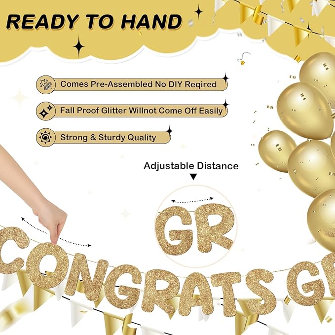 Fulmoon Pre Strung Congrats Grad Banner Glitter Congratulations Banner College Graduation Sign Class of 2026 Grad Party Decorations for High School University Graduation Party Favor(Champagne Gold)