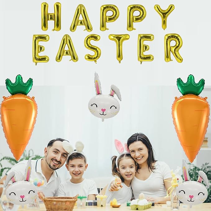 Easter Balloons Gold Happy Easter Letter Balloon Bunny Balloons Carrot Balloon for Rabbit Themed Party Birthday Party Supplies Decorations Party Balloon Sets-16 PCS
