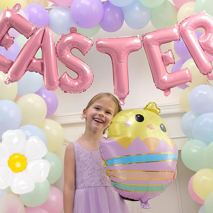 Easter balloon garland arch kit pastel balloons with Easter egg chicken daisy bunny Butterfly Pastel pink letter foil balloons for spring big resurrection day baby shower party decorations