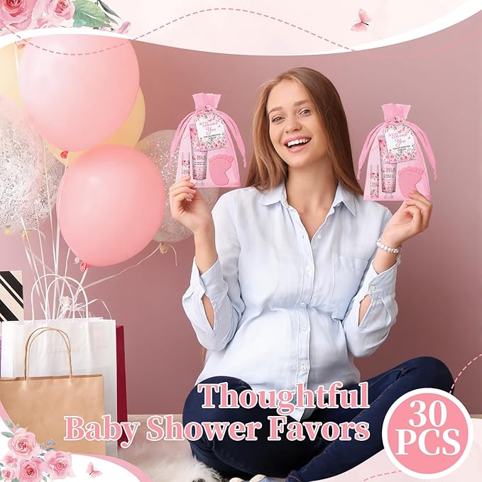 Loopeer 30 Set/150 Pcs Pink Flowers Baby Shower Favors for Guests Gifts Hand Cream Lip Balm Soap Party Favors Gifts Travel Size with Organza Bags, Thanks You Card for Baby Shower Birthday Wedding