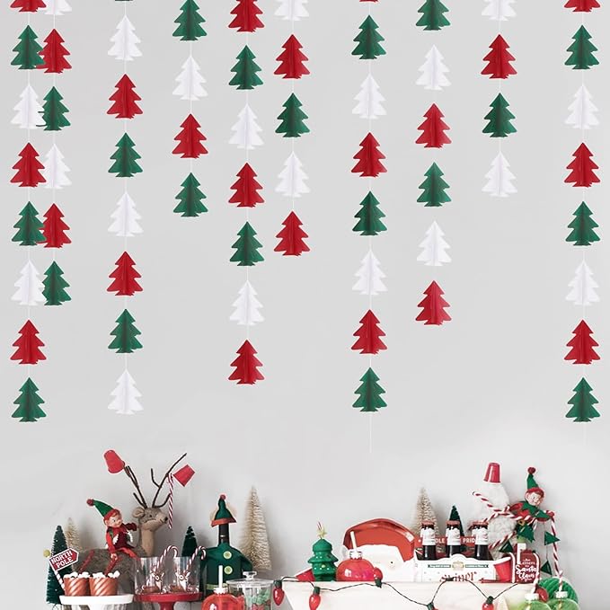 GCQQ 3D Paper Christmas Tree Garlands - 2 Packs Red White Green Hanging Streamer Decorations Garland for Christmas New Year Holiday Party Office Classroom Wall Indoor Outdoor Decoration Banner