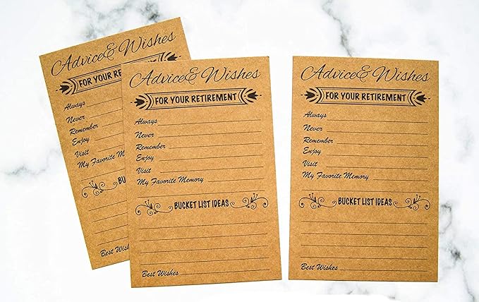 RXBC2011 Retirement Well Wish and Advice Cards Pack of 50 Rustic Kraft Retired Ideas Supplies and Decoration Happy Retiree Celebration Gift Bucket List Wish Funny Officially Retired