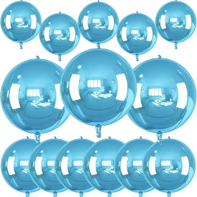 14 Pcs Blue Round Foil Balloons 22/15/10 4D Ball Balloons Light Baby Blue Metallic Balloon Ornament Mylar Balloon Chrome for Birthday Graduation Wedding Anniversary Ocean Disco Party Decor