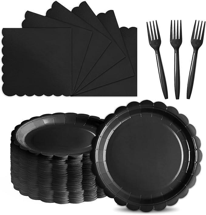 105PCS Paper Plates and Napkins Set,7 Inch Scalloped Disposable Tableware with Forks for Birthdays, Garden Parties & Outdoor Events,Serves 35 (Black)