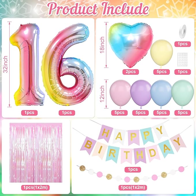 16th Birthday Decorations Rainbow,Gradient Number 16 Balloon,Pastel Happy Birthday Banner Fringe Curtain Heart Foil Balloons Boys Girls 16 Year Old Decor