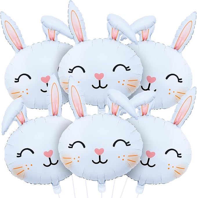 6PCS Large Easter Bunny Head Foil Balloons Cute Rabbit Face Mylar Balloons for Easter Party, Baby Shower, Birthday & Spring Celebration Decorations