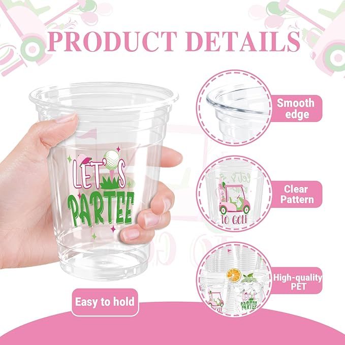 100 Pack Pink Golf Plastic Cups 12 oz Green Golf Ball Disposable Cups Spring Party Favor Drinking Cold Beverage Cup for Sports Birthday Party Supplies