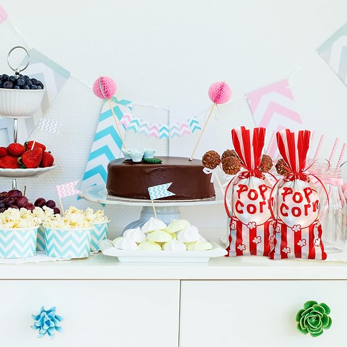 Outus 100 Pcs Popcorn Bags for Party Popcorn Treat Bags Red and White Stripe Carnival Candy Containers with a Roll of Red Ribbon for Circus Carnival Party Birthday Favor