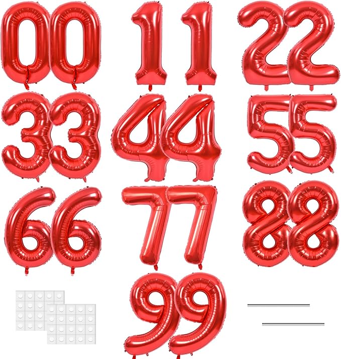 TONIFUL Number Balloons 16 Inch Red 2 Set 0-9 Number Mylar Foil Balloons 20 Pcs Custom digitalal for 2026 New Year Eve Birthday Party Engagement Graduations Anniversary Baby Shower Decor