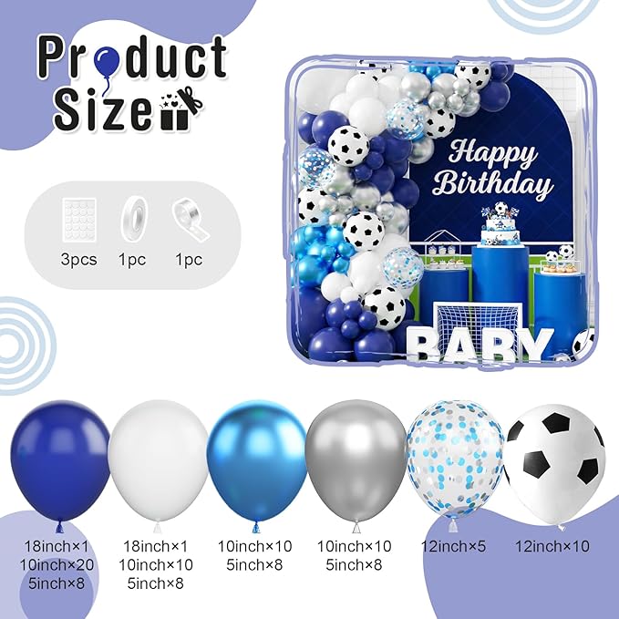 Soccer Balloon Arch Garland Kit, Soccer Party Decorations Blue White Silver Balloons Garland with Soccer Print Balloons for Kids Boys Men Sports Theme Birthday Party Decorations