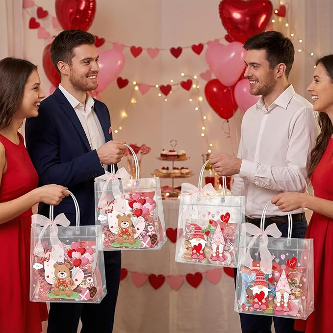 Henoyso 24 Pcs Valentines Clear Gift Bags Plastic Pink Candy Goodie Treat Bag Valentines Day Party PVC Totes with Handles Ribbon Galentines Day Party Favors, 7.8 x 7.8 x 3.1 Inches