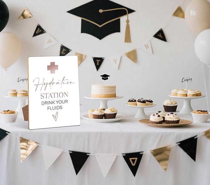 Graduation Hydration Station Bar Sign - Ornaments for Nurse Doctor Retirement Party, Graduation Centerpieces for Tables 2026, 8×11 Wooden Sign with Stand