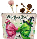 Small Makeup Bag with Zipper for Women with Pink Green Glitter Bow designs Cosmetic Pouch Friends Gifts Cute Toiletry Bags for Birthday Graduate Travel Supplies Accessories