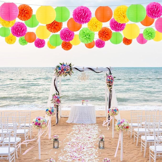 zilue Glow in the Dark Party Supplies, Paper Lanterns and Pom Poms Flowers for Birthday Party Baby Shower Wedding Shower Decor Pack of 15 Pieces