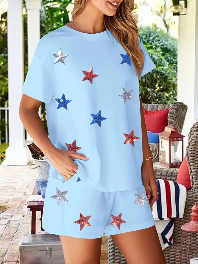 VILOVE 4th of July 2 Piece Sequin Outfits Women 250 Anniversary Usa Shirts and Short Sets Casual Patriotic Shirt Summer Set