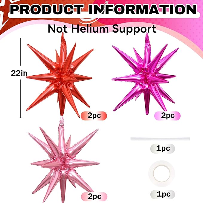 6PCS Star Balloons, 22Inch Huge Hot Pink Red Pink Star Balloon Foil Spike Cone Balloons for Girls Women Birthday Bridal Shower Valentine's Day Party Decorations