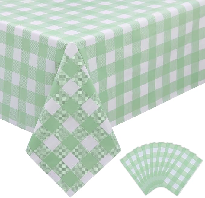Kesfey 9 Packs Sage Green Gingham Tablecloth Sage Green and White Checkered Table Cloths 54 x 108 Inches Disposable Plastic Gingham Tablecovers Waterproof Picnic Camping Table Covers for Baby Shower