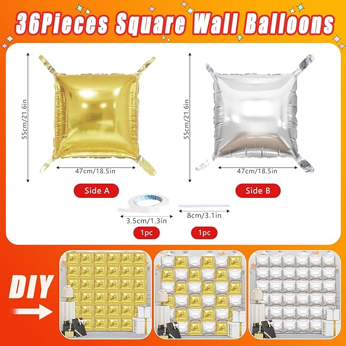 36 Piece XL Gold and Silver Square Foil Balloons Wall Screen Double Sided Square Balloon Screen Tunnel Arch Kit Mylar for Baby Shower Graduation Prom Birthday Party Decorations