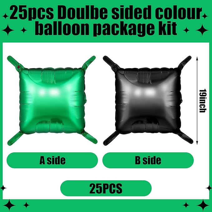 25 Pcs Video Game Party Double Sided Square Foil Balloons Wall Backdrop 19 Inches Green and Black Foil Balloons Tunnel Arch Garland Kit for Boy Game Theme Birthday Party Background Decoration