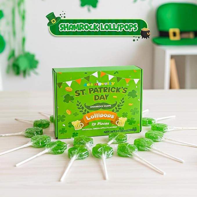 4E's Novelty 24 Pack St. Patrick's Day Shamrock Lollipops, Green Apple Flavor Individually Wrapped Shamrock Shape Candies, St Patricks Suckers Party Favors Goodie Bag Fillers, Fun St Patty's Day Office Classroom Candy