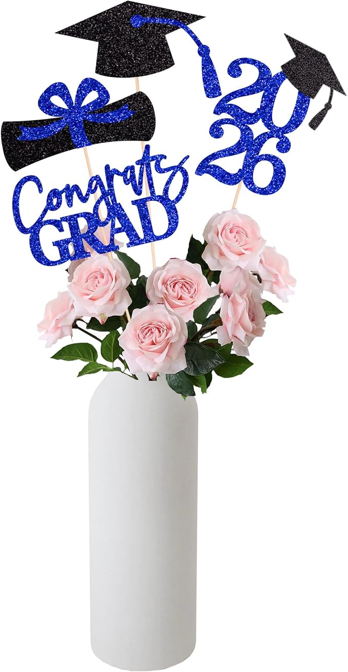 16PCS Graduation Decorations Class of 2026 Congrats Grad Table Centerpieces, 2026 Table Toppers Party Favor Centerpiece Sticks Party Supplies, Set of 4 (Blue, Black)