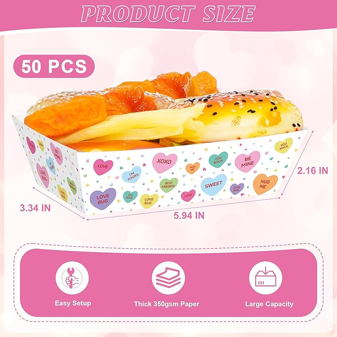 50 Pcs Valentines Paper Food Trays, Disposable Conversation Heart Serving Tray Valentine's Decorations, Love Holder Snack Food Boats, Popcorn Hot Dog Container for Wedding Birthday Party Supplies