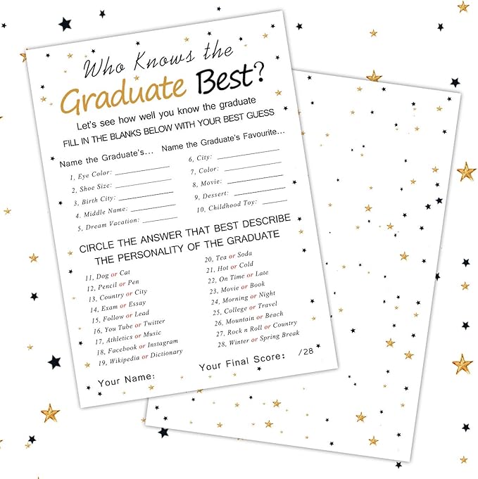 Fibevon Graduation Party Game Cards - Who Knows The Graduate Best (36-Pack)- Graduation Party Collection Grad Celebration Party Supplies for High School/College/Senior School