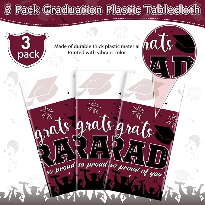 3 Pack Graduation Tablecloth Party Decorations, Class of 2026 Congrats Grad Plastic Tablecover Party Supplies, Maroon Rectangle Graduation Table Decorations for College High School Party, 54 x 108Inch