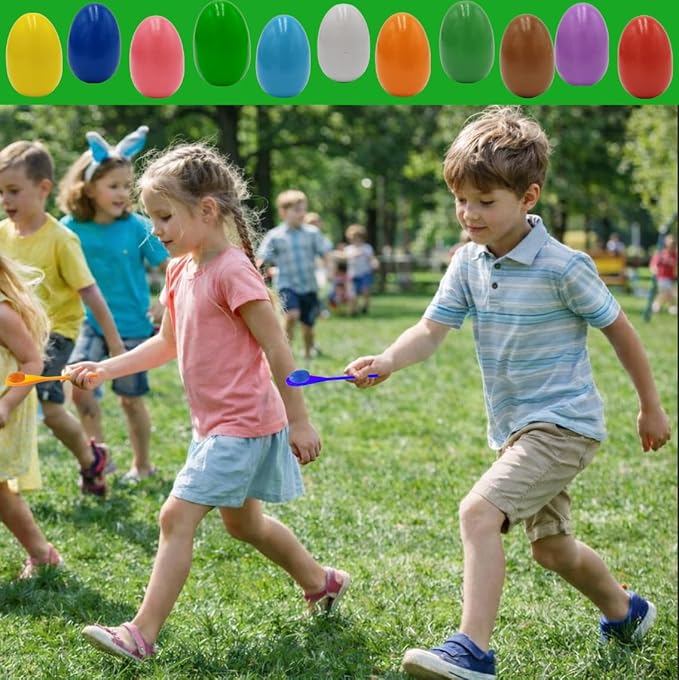 12 Wooden Easter Eggs and 12 Wooden Spoon Race Game Set, 12 Sets, Multi-Player Carnival Game for Kids & Family Activity Holiday Outdoor Yard Easter Egg Hunt Birthday Party Lawn Games