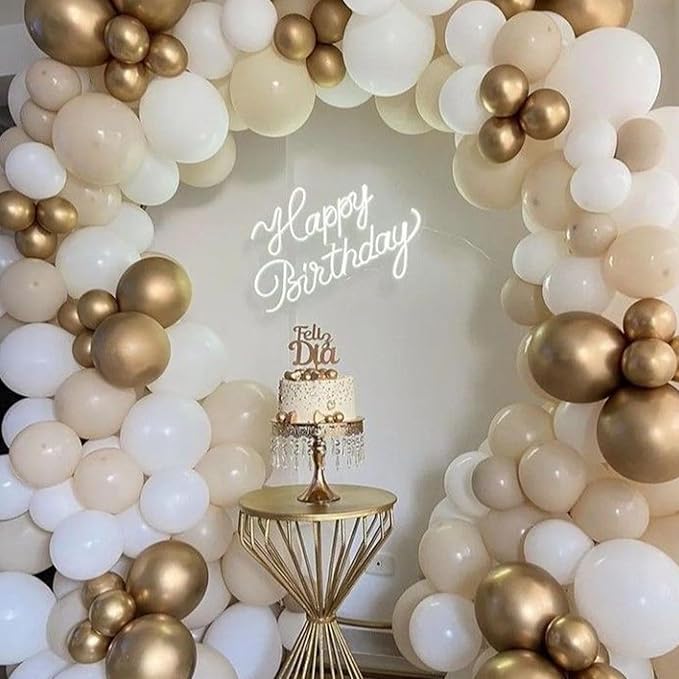 White Sand Gold Balloons Garland Arch Kit, 102 Packs White Nude Cream Balloons with Metallic Chrome Gold Confetti Latex Balloons for Boho Wedding Baby Bridal Shower Engagement Birthday Decorations
