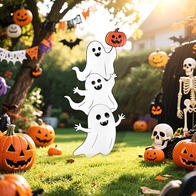 Halloween Ghost Yard Signs Metal Ghost Yard Sign with Pumpkin Halloween Metal Garden Stakes for Outdoor Garden Lawn Patio Pathway Horror Party Decorations