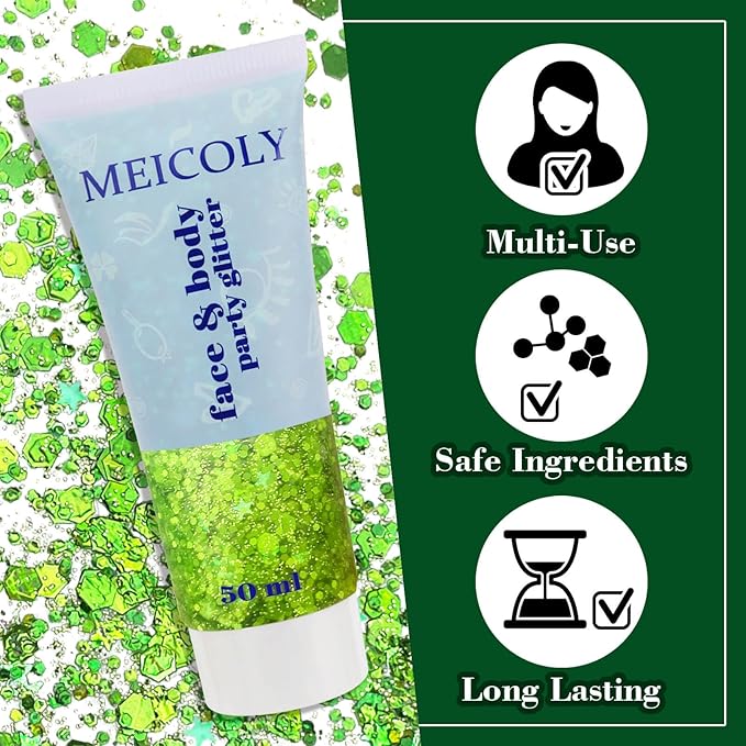 MEICOLY Lime Green Face Body Glitter for,St Patricks Day Accessories, Holographic St Paddys Face Glitter Self-Adhesive, Light Green Body Glitter,Chunky Glitter Face Paint for Party Festival Halloween
