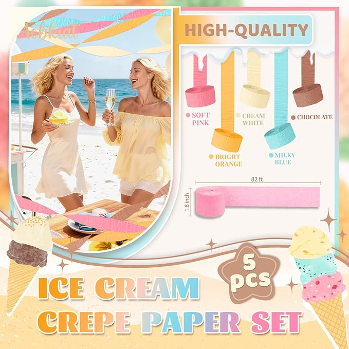 AOBKIAT Birthday Crepe Paper Streamers Party Decorations,5 Rolls Pastel Colorful Streamers for Candyland Theme Baby Shower Wedding Easter Christmas Decorations,1.8 Inch x 82 Ft/Roll