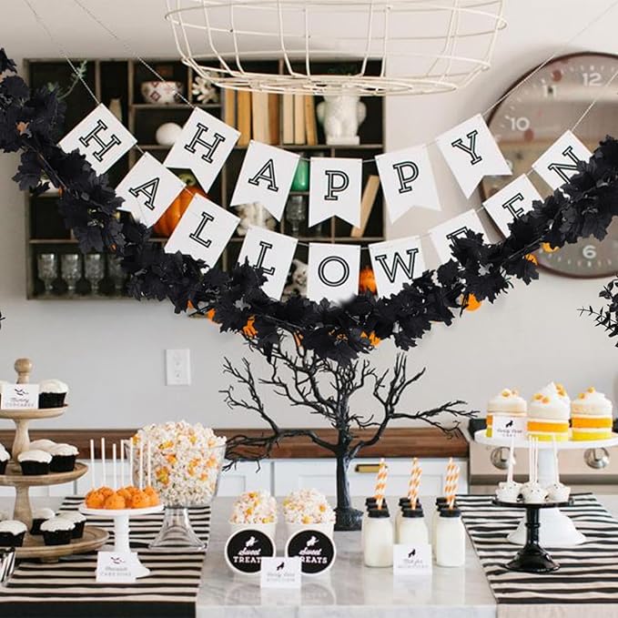 Halloween Black Christmas Garland Decor Indoor Table Decorations Fall Wall Hanging Artificial Black Maple Leaf Vine Decorations for Home (2 Pcs Halloween Garland, Set)
