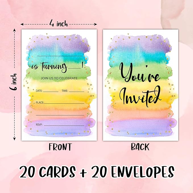 Colorful Birthday Party Invitation Cards for Women Men Kids, Watercolor Rainbow Glitter Birthday Celebration Party Invite Cards Supplies, 20 Double-Sided Fill In Invites With Envelopes -10
