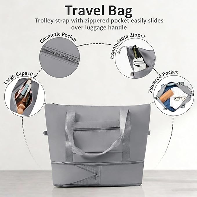 24 Inch Checked Suitcase with TSA Lock Travel Duffel Bag Wet-Dry Toiletry Bag, Grey