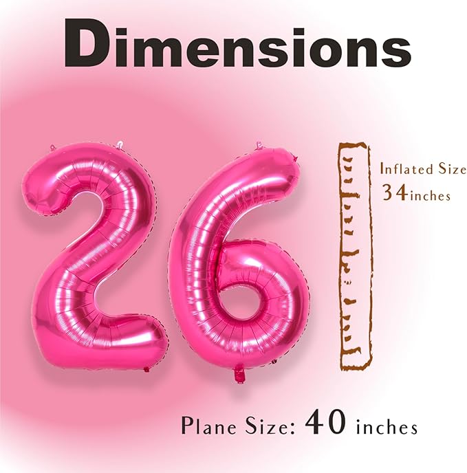 SUWEN 40 Inch Large Hot Pink 26 Balloon Numbers Big Foil Helium Number Balloons 0-9 Jumbo Happy 26th Mylar Birthday Party Decorations for Women 62Anniversary Party Supplies