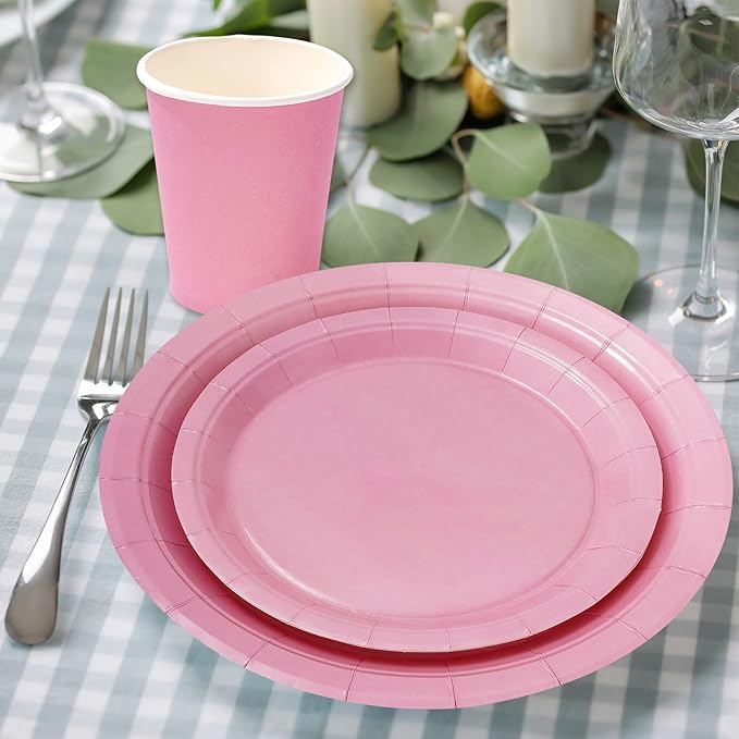 Whaline 100Pcs Valentine's Day Light Pink Tableware Set Wedding Disposable Dinnerware Set 50Pcs Paper Plates 25Pcs Napkins 25Pcs Cups for 25 Guests Wedding Birthday Bride Party Supplies Decorations