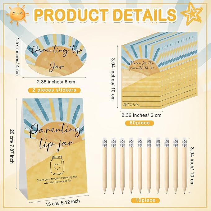 Roowest Baby Shower to Baby Advice Cards for New Parents to Be - Tip Jar Sign for New Parents 60 Parenting Advice Cards 10 HB Pencils 2 Cute Stickers 1 Pet Bottle for Guests Games (Sun)