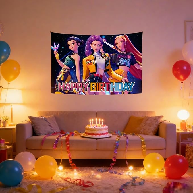 Demon Movie Hunters Birthday Party Decorations,Happy Birthday Banner Backdrop for Birthday Party Supplies