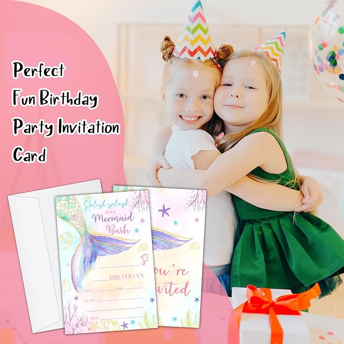 Mermaid Birthday Party Invitation Cards for Kids Girls, Ocean Theme Birthday Celebration Party Invite Cards Supplies, 20 Double-Sided Fill In Invites With Envelopes -07