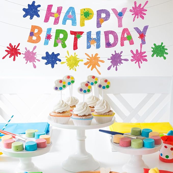 Zwiebeco Colorful Graffiti Paint Art Happy Birthday Banner Hanging Paper Sign for Girls Boys Kids Adults Party Decoration Supplies