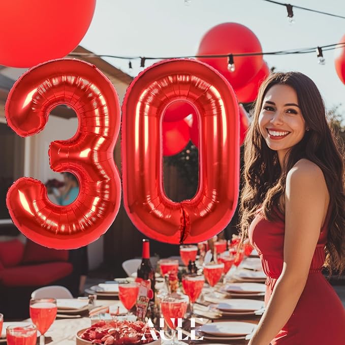 AULE 40 Inch Big Red Foil 30 Number Balloons for Women Large 30th Happy Birthday Decorations Giant Huge Helium Mylar 30rh Anniversary Party Decor